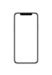 Sleek, modern smartphone with blank white screen and black metallic frame, standing vertically on transparent studio background, soft lighting, concept for technology product mockup