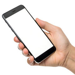 Hand holding a smartphone with a blank white screen isolated on transparent background