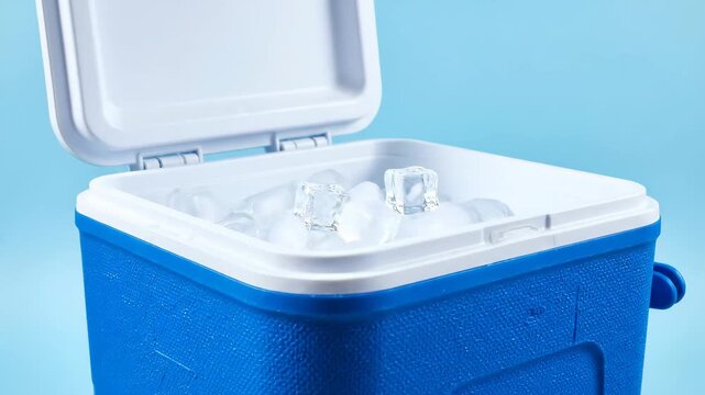 Blue Cooler with Ice Cubes - A close-up shot of a blue cooler filled with ice cubes, with its lid open. The cooler is set against a solid, light blue background.