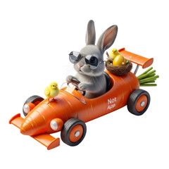 cute fluffy grey rabbit in aviator sunglasses driving whimsical carrot race car with two yellow chicks and golden egg in nest against transparent studio background, whimsical easter and spring
