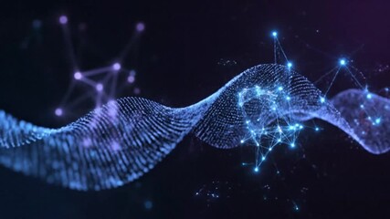 Abstract digital network of glowing blue and purple particles flowing in a wave - Powered by Adobe
