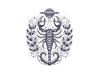 Mystical Scorpio Zodiac Sign Illustration Set with Celestial and Botanical Elements. Astrological Scorpion Tattoo Design