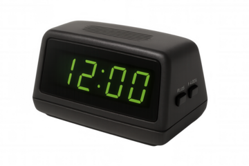 Digital alarm clock with green led display showing 12:00, symbolizing time, schedules, and reminders. Transparent background