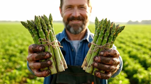 Happy Farmer with Fresh Asparagus Harvest - A smiling farmer proudly displays two bundles of fresh green asparagus in his hands.