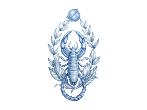 Mystical Scorpio Zodiac Sign Illustration Set with Celestial and Botanical Elements. Astrological Scorpion Tattoo Design