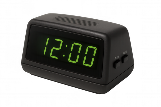 Digital alarm clock with green led display showing 12:00, symbolizing time, schedules, and reminders. Transparent background