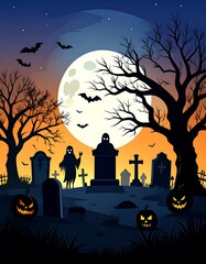 Halloween graveyard scene at night