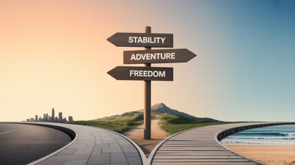 Stability Adventure Freedom Signpost at Career Crossroad Decision Future Path Options Mountain Beach City Landscape Opportunity Risk Abstract Concept