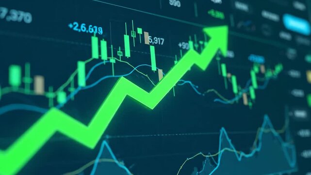 Financial Growth Chart with Green Arrow - A close-up of a financial growth chart with a large, bright green arrow pointing upwards.