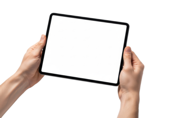 Adult fair-skinned hands gracefully hold a sleek modern digital tablet with a blank white screen, on a transparent background with copy space. Technology mockup concept