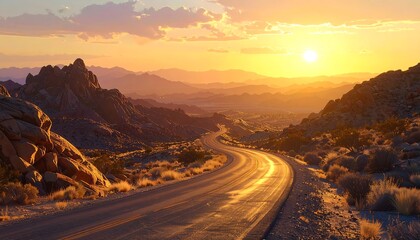 Stunning Sunset Over a Winding Road Through Mountains and Vast Desert Landscape