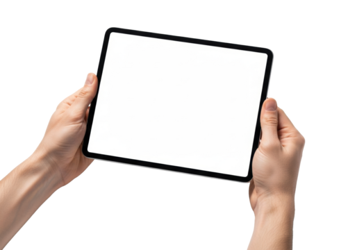 Adult fair-skinned hands gracefully hold a sleek modern digital tablet with a blank white screen, on a transparent background with copy space. Technology mockup concept