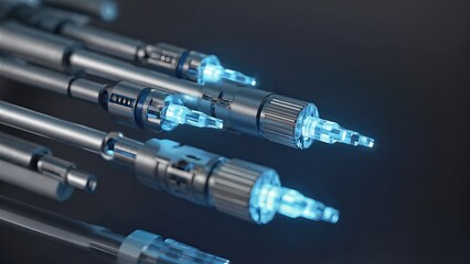 Close-Up Of Glowing Network Cables With Blue LED Ends. Futuristic Data Connectivity Concept In Digital Infrastructure Scene