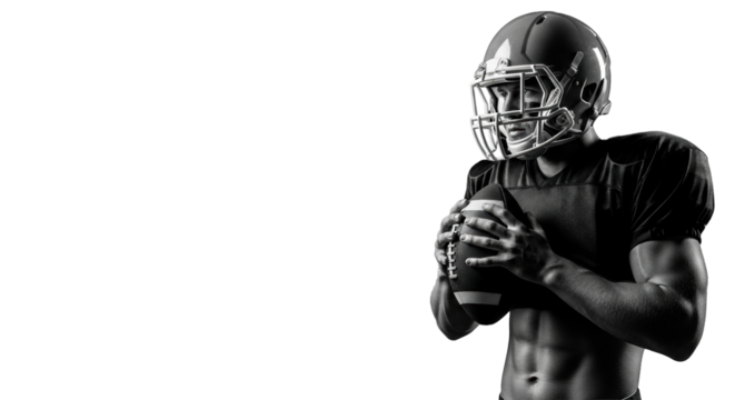 An athletic male American football player with defined musculature, in a dark jersey and helmet, gripping a football on a pure black background with copy space, concept of athletic strength and