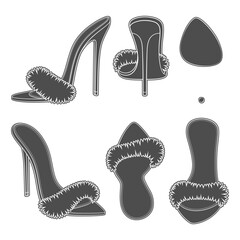 Set of black and white illustrations with clogs, sandals with heels and fur. Isolated vector objects on a white background.