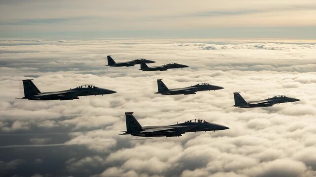 Six f15 eagle fighter jets fly in formation above a sea of clouds
