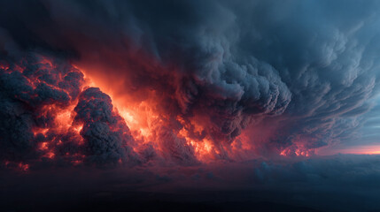 Dramatic scene with dark gray storm clouds and vivid flames, illustrating conflict, destruction, and chaos. Intense contrast highlights energy, danger, and turmoil in a cinematic landscape.