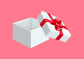 Open white gift box with red bow isolated on pink background. Vector cartoon flat illustration.