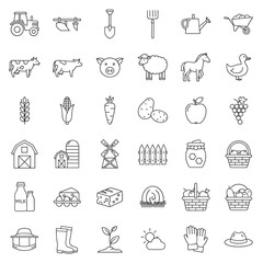 Line icon set for farming and agriculture, featuring isolated vector outlines of farm and countryside elements such as cereal crops, fruit, vegetables, dairy products, fresh meals, animals, plants