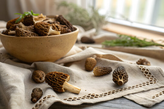 Freshly foraged morel mushrooms in a wooden bowl on a linen cloth