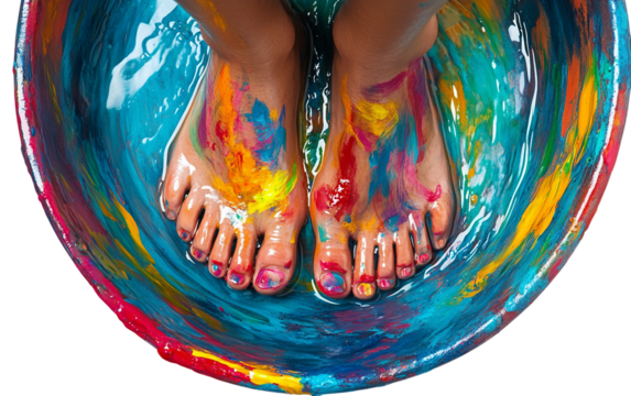Close up artistic capture of painted feet delicately stepping into a bowl filled with vivid colors representing creativity and expression isolated on transparent background PNG