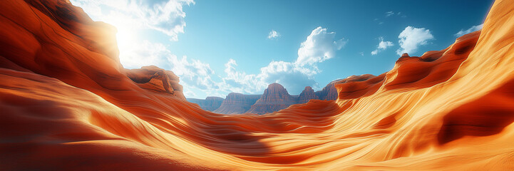 Streamlined sandstone mountain beneath clear blue sky, clear blue sky, smooth rock formations, arid terrain, desert landscape, natural formation, earthy tones, minimalist landscape