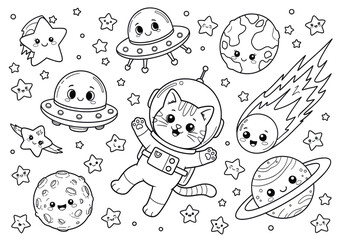 Vector art of cute cat astronaut in space with planets and stars, coloring page