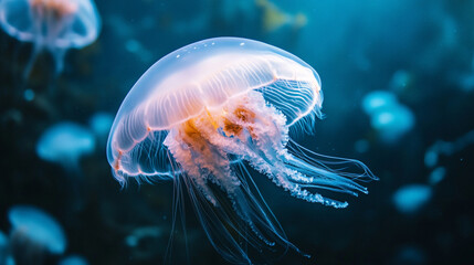 Fototapeta premium Elegant white jellyfish gracefully floating in deep blue ocean. Stunning underwater wildlife photography showcasing marine life, serenity, and oceanic beauty.