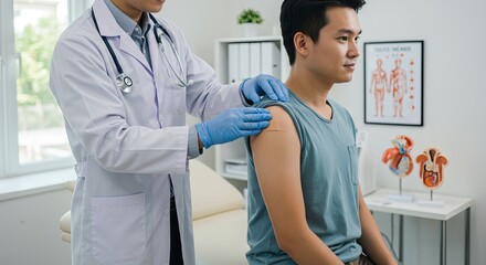 Obraz premium Doctor applying a bandage to a patient's arm in a medical office.