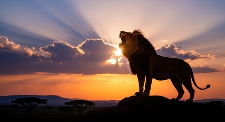 Majestic lion roars against a vibrant sunset, silhouetted on a rock.