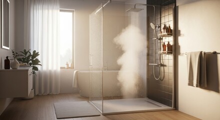 A bright, modern bathroom featuring a glass-enclosed shower with steam rising, a bathtub, and minimalist decor.