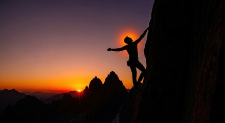 A silhouette of a climber ascends a rock face as the sun sets in the background.