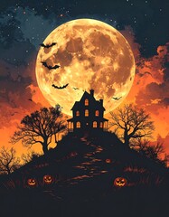 Halloween haunted house under a large moon