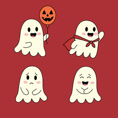 Cute cartoon ghosts with different expressions and a ghost holding a pumpkin lantern. Perfect for Halloween designs, social media posts, and festive decorations