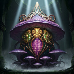 Generative AI Enchanted Mushroom Clockwork Fantasy Gears Magic Runes Purple Gold Temple Architecture Stone Glowing Ornate Structure Mechanism Steampunk Ancient Mystery
