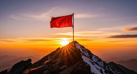 Red Flag on Snowy Mountain Peak at Sunrise Triumph