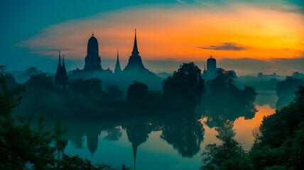 Obraz premium Beautiful sunrise over the ancient temples of bagan in myanmar