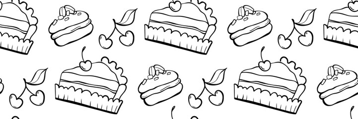 Seamless black and white pattern with cakes, pastries, and cherries. Perfect for coloring pages, packaging, bakery branding, wrapping paper, and cafe design. Vector outline illustration.