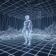 Generative AI Digital Human in Virtual Landscape Digital human Virtual reality 3d render Artificial intelligence Metaverse Data points Grid Futuristic Technology Cyberpunk - Modern Look