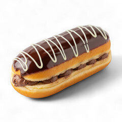 A delicious chocolate eclair donut filled with cream and drizzled with white icing, isolated on transparent background