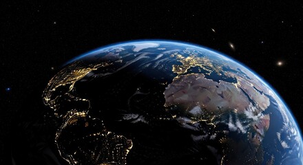 Earth from space, showing illuminated city lights on the dark side and sunlight on the other.