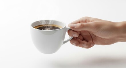 A hand is holding a white cup of steaming black coffee against a plain white background.