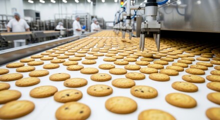 Cookies move along a conveyor belt in a food processing plant, with workers visible in the background.