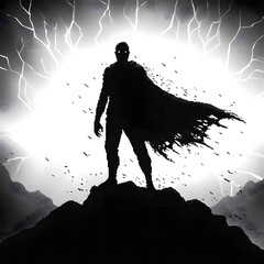 Generative AI Silhouette Superhero on Mountain Top Hero Cape Lightning Storm Black and white Illustration Power Dark Sky Night Standing Figure Person Strength Resilience - Unique Design