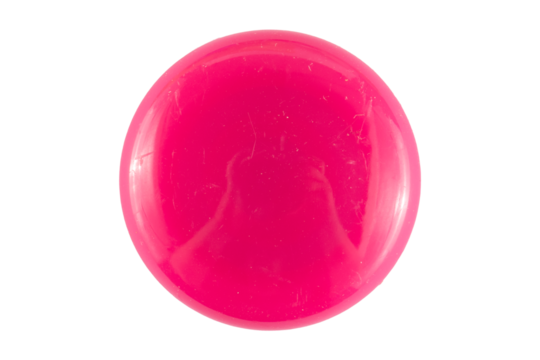 Pink round badge or magnet button with glossy surface and circular shape used for fridge decoration, branding design, or promotional accessory mockup
