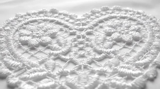 Intricate White Lace Heart Doily - A close-up shot reveals a beautifully crafted white lace doily in the shape of a heart.