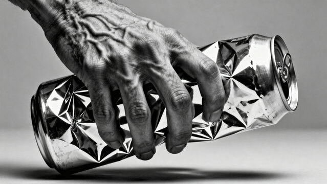 Aged hand crushing a metal can - Powered by Adobe