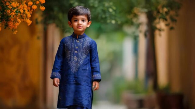 The boy is dressed in a vibrant blue outfit with intricate embroidery, standing confidently in front of a blurred green background. The image captures a moment of cultural celebration.