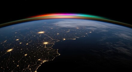 Fototapeta premium Earths Atmosphere Glowing with Aurora Borealis Over City Lights