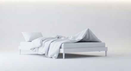 A white bed with rumpled white sheets and a pillow, set against a bright white background.